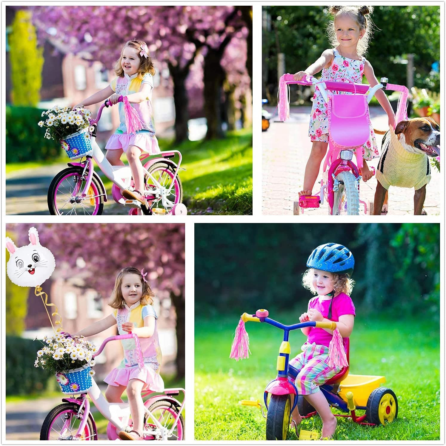 Bike Handle Grips with Tassel Streamers for Girls Boys Pink &
