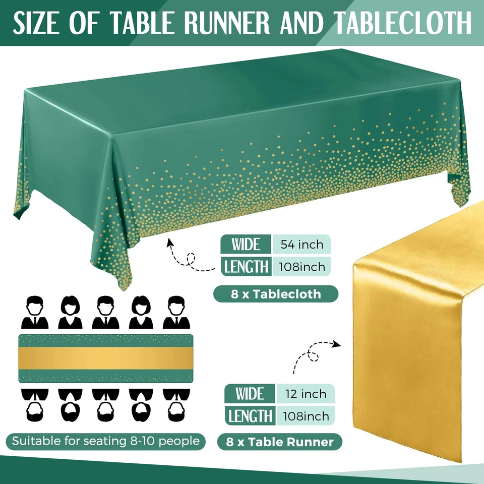 16 Pcs Green and Gold Disposable Plastic Tablecloths and Satin Table Runner S... - Image 2 of 4
