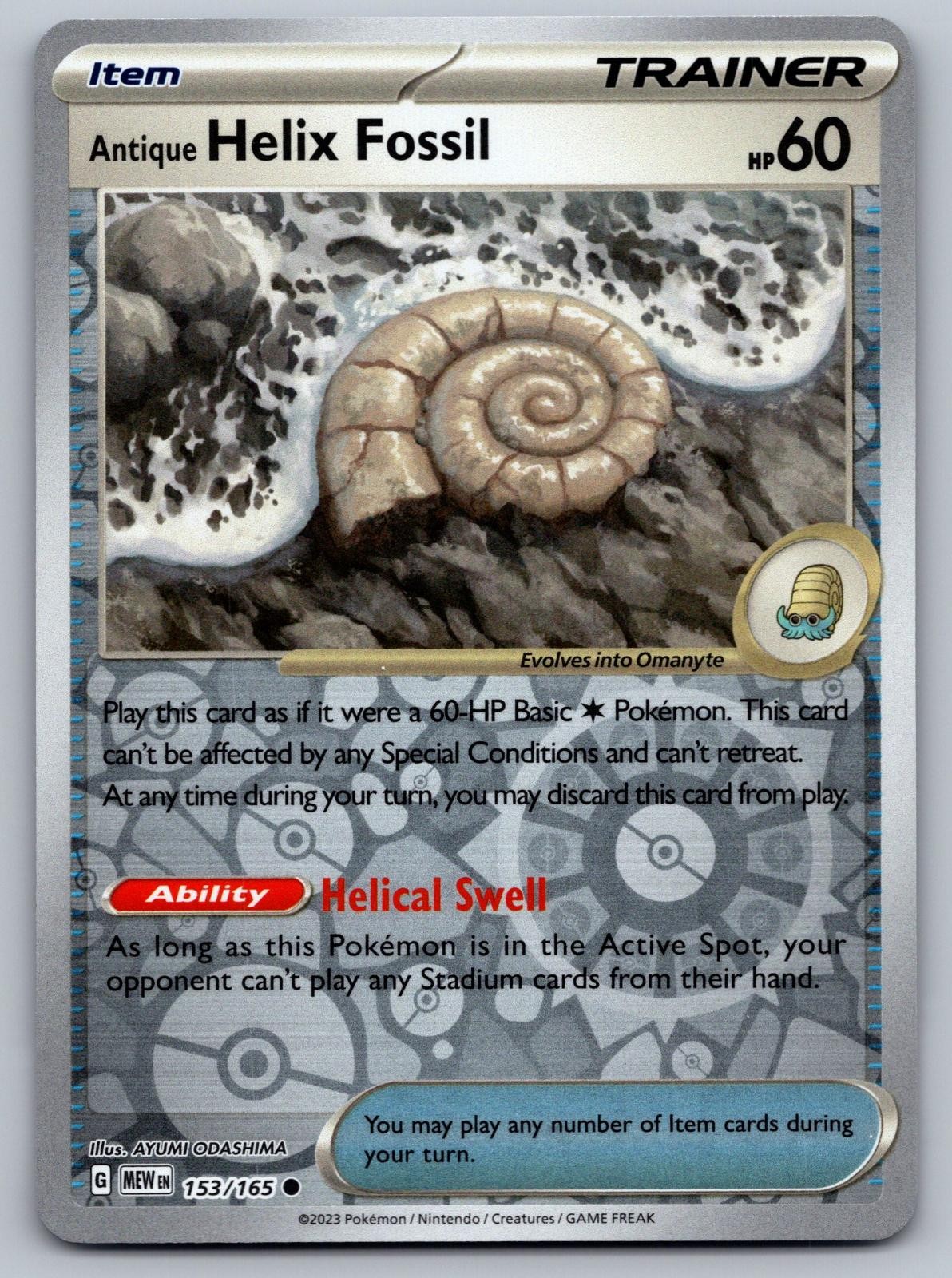 Antique Helix Fossil 153/165 151 Pokemon Reverse Holo Lightly Played