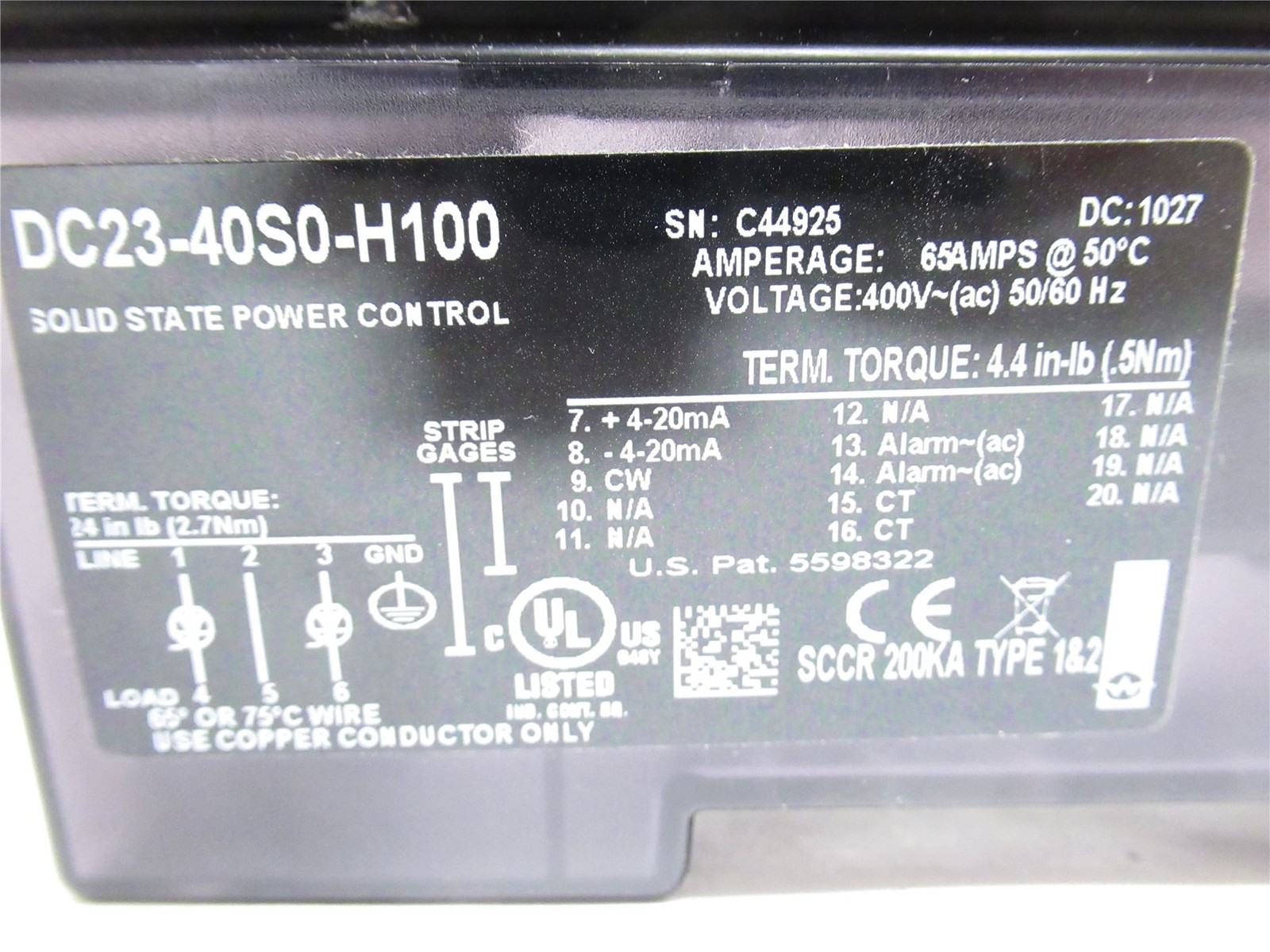 232986 Used; Watlow DC20-40S0-H100 SCR Power Switching Device 40A; 400VAC