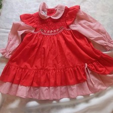Vintage Polly Flinders Smocked Red Baby Girl Todder Prairie Dress Sz 2 Stripe