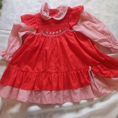 Vintage Polly Flinders Smocked Red Baby Girl Todder Prairie  Dress Sz 2 Stripe