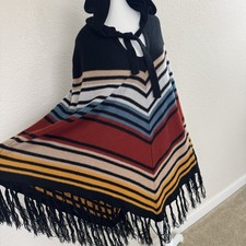 Vintage Donkenny Hooded Poncho Fringe Black Southwestern Striped Boho Cape Shawl