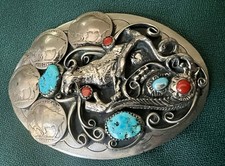 SIGNED VTG NATIVE AMERICAN LARGE BELT BUCKLE BUFFALO NICKELS TURQUOISE CORAL