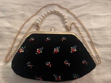 Vintage Black Velvet Evening Bag Embroidered Gold Chain Handle Retro Purse 7x6