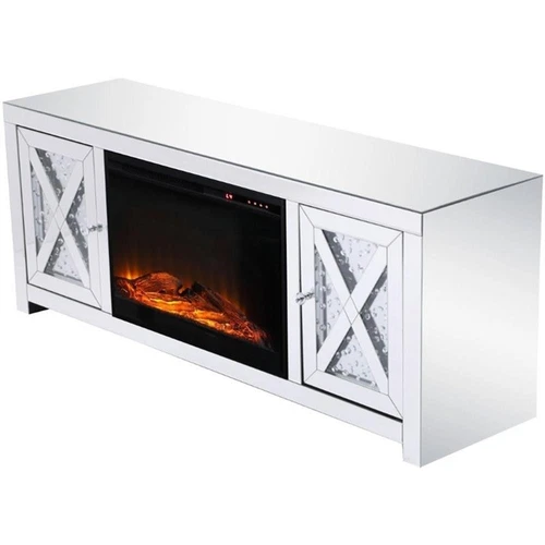 Elegant Decor Modern 2 Door 59" Clear Mirrored Faux Log Fireplace TV Stand - Picture 4 of 10