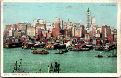 Postcard Heart of New York c1907 Harbor, Boats City Buildings