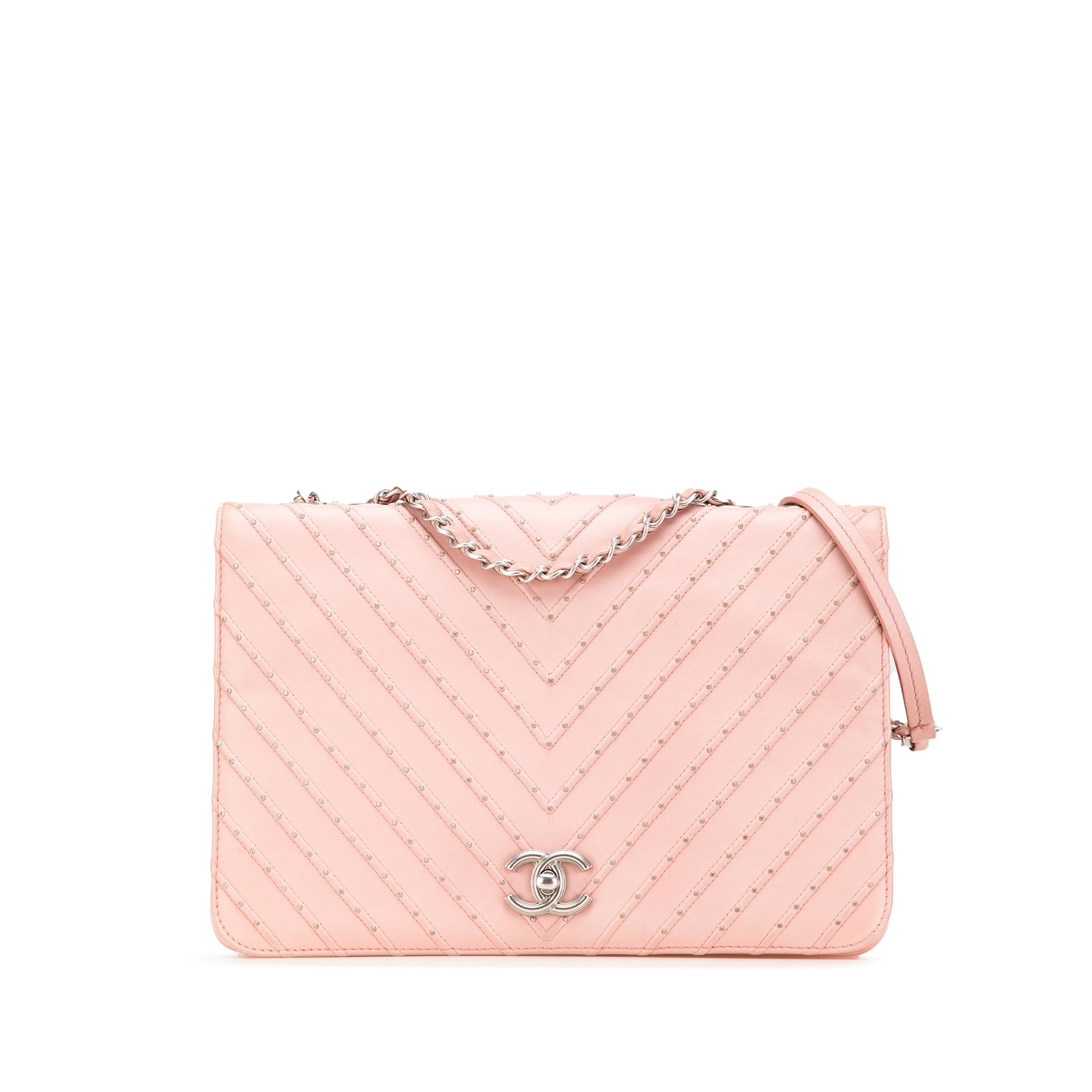 Chanel Chevron Calfskin Studded Flap Bag with Chain Strap