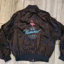 VTG Flamingo Hilton Laughlin Jenco Satin Bomber Jacket Brown/Black USA Size XXL