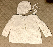New Hand Crocheted Baby Layette Outfit Cardigan  Hat White