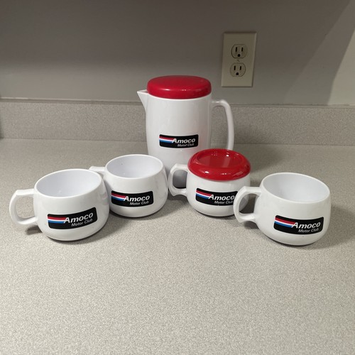 Rare Vintage Amoco Motor Club Travel Mug Cup Set Gasoline Oil Petroliana
