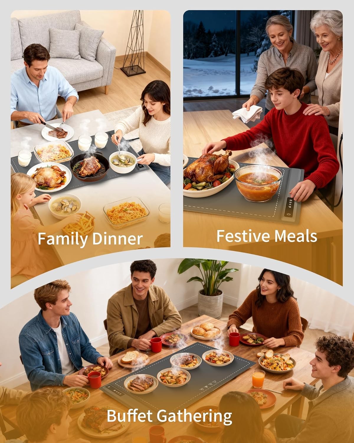 Food Warming Mat - Fast & Full Surface Heating, Silicone Heat Pad with 3 Adjusta