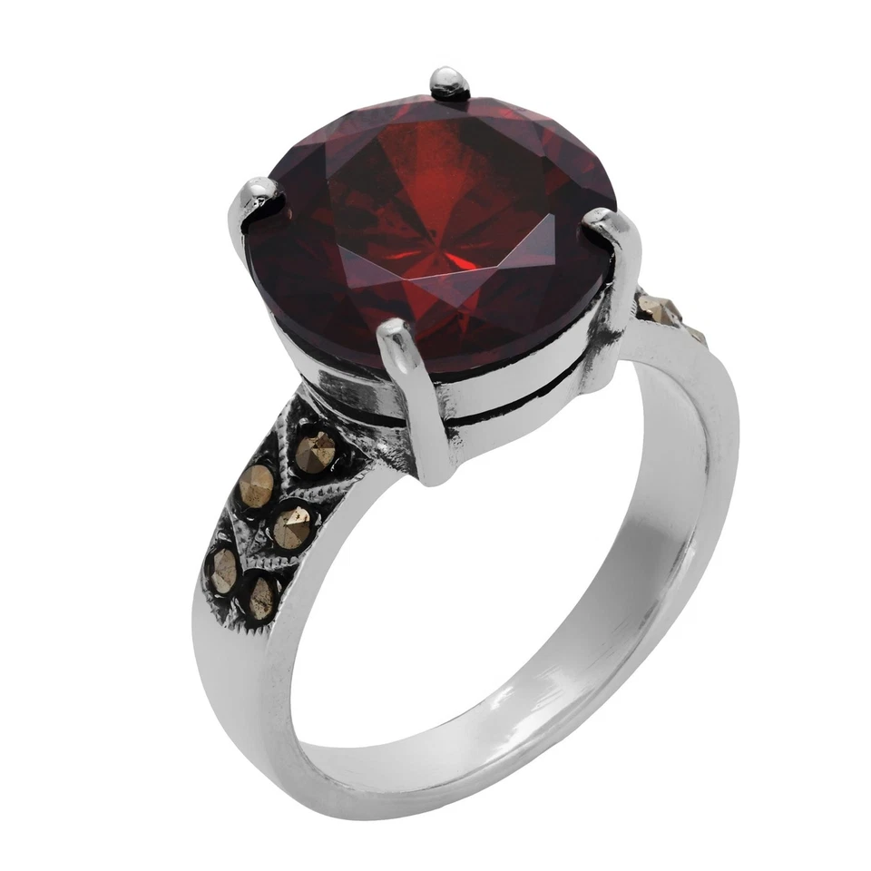 Silverly Anello Argento 925 Solitario Zircone Rosso Rotondo Marcasite - Immagine 2 di 4