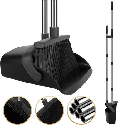 Upgraded Broom and Dustpan Set, 55'' Long Handle Black Large Broom with Dustpan