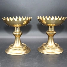 Vintage Pair Gothic Solid Brass Wide Base Pillar Candle Holders 5" Tall
