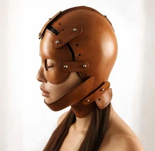 Handmade Brown Leather Full Head Mask – Steampunk Gothic Cosplay Helmet