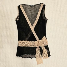 Y2K Vintage Wet Seal Black Nude Sheer Bow Fairy Lace Top XS Romantic Whimsigoth 