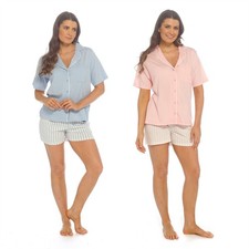 Womens 100% Cotton Pyjamas Jersey Button Through Short Pyjama Set Size 8-22