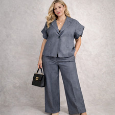 Trina Turk Pantsuit Womens 6 Gray Short Sleeve Blazer Wide Leg Trouser Career