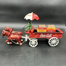 Vintage Cast Iron Coca-Cola Horse Drawn Wagon With Horses Driver Bottles Crates