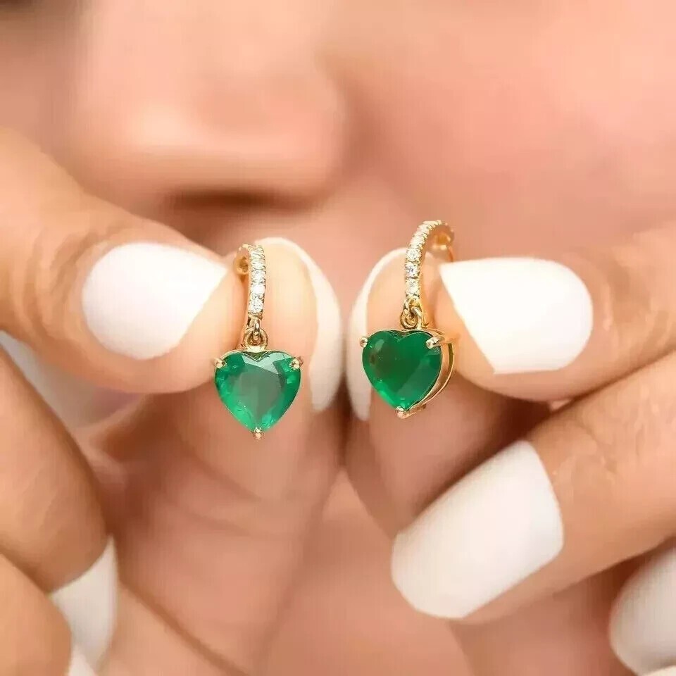 14k Gold Plated Heart Cut Simulated Emerald Drop Earrings
