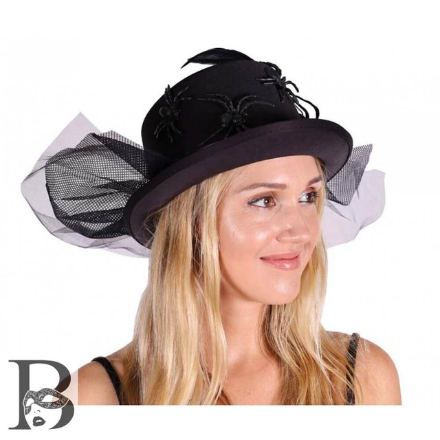 Women Black Hat Veil Halloween Steampunk Costume Feathers Fascinator