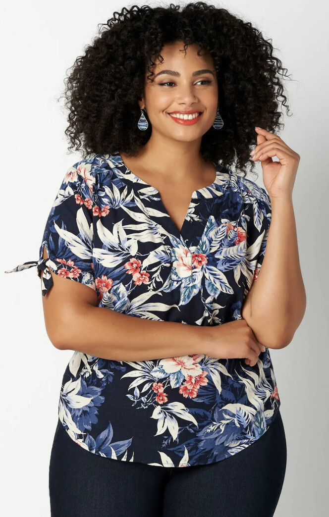 CJ Banks Botanical Print Linen Blend Plus Size Blouse… - Gem