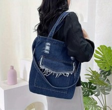 Dark Blue Denim Shoulder Crossbody Tote Bag