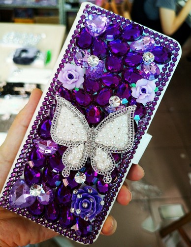 Flowers Rhinestone Bling Leather Sparkly Wallet Diamonds Phone Case Women Covers - Picture 6 of 21