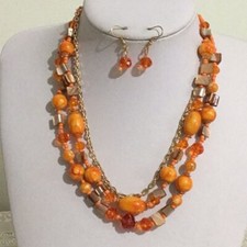 Three strand Multi orange mix beadgold tone link necklace earring set