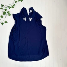 Elle Tank Top Women’s Size Small S Blue Floral Spring Summer Shirt Collar