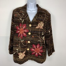 Indigo Moon Womens Blazer sz M Brown Red Floral Button Front Noth Collar VINTAGE