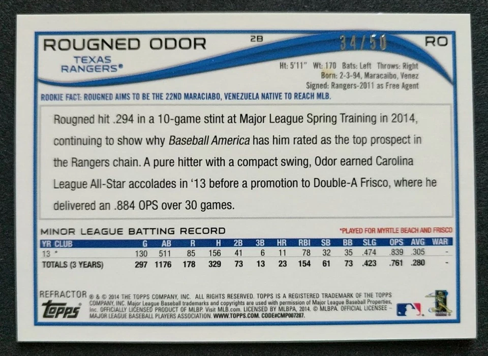 2014 Topps ~ Rougned Odor RC ~ Autógrafo certificado Topps refractor dorado SP 34/50 Foto 3 de 4