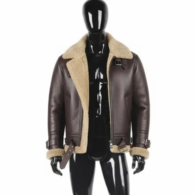 Men's Brown Shearling Style Leather RAF Pilot Jacket Real Sheepskin Bomber Coat