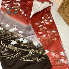 Japanese traditional Furisode Kimono Red Black Gold Cherry Blossom Formal