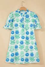 Vintage Style Blue and Green Floral Print Puff Sleeve Dress
