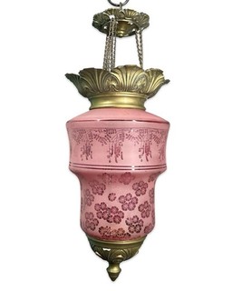 Antique ART NOUVEAU Old CUT to CLEAR CRANBERRY GLASS Hanging PULL DOWN Oil LAMP