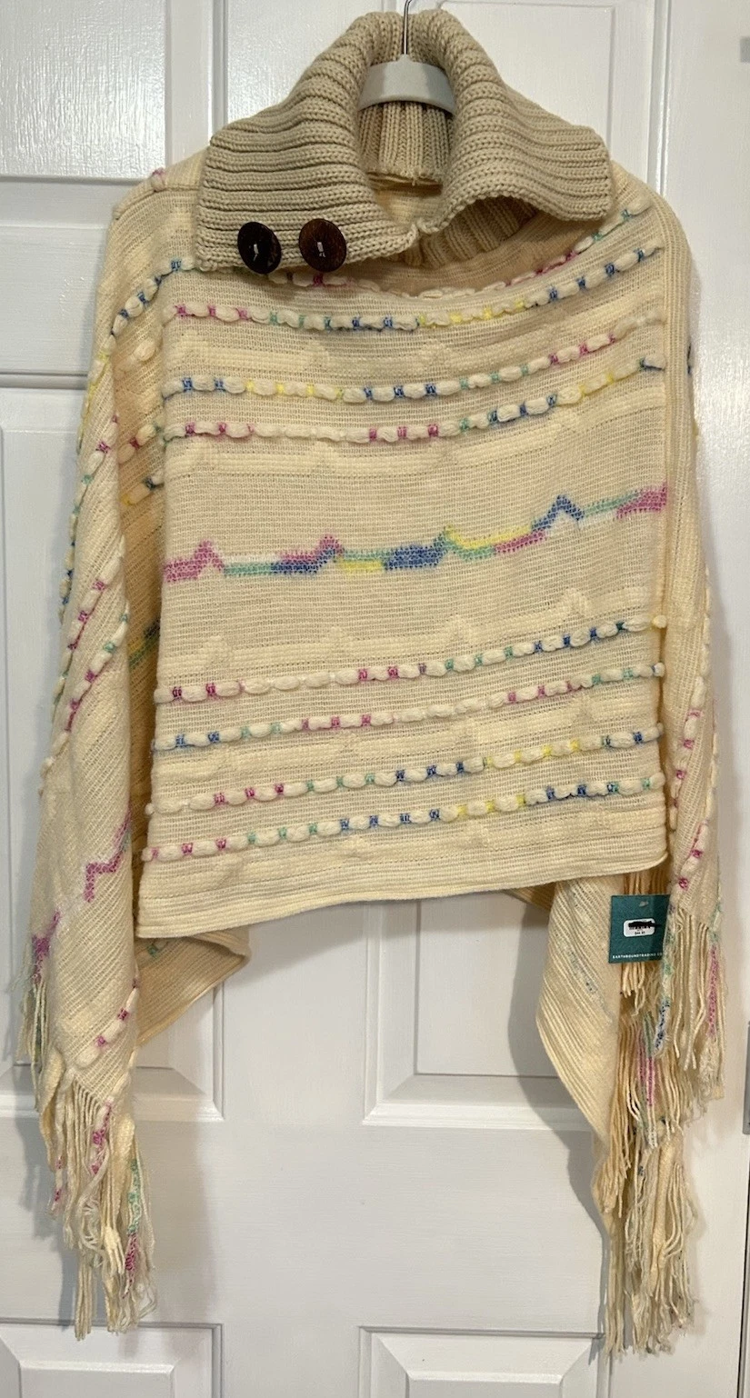 NWT Earthbound Trading Sweater Poncho Shawl Cape One Size Boho Fringe Colorful