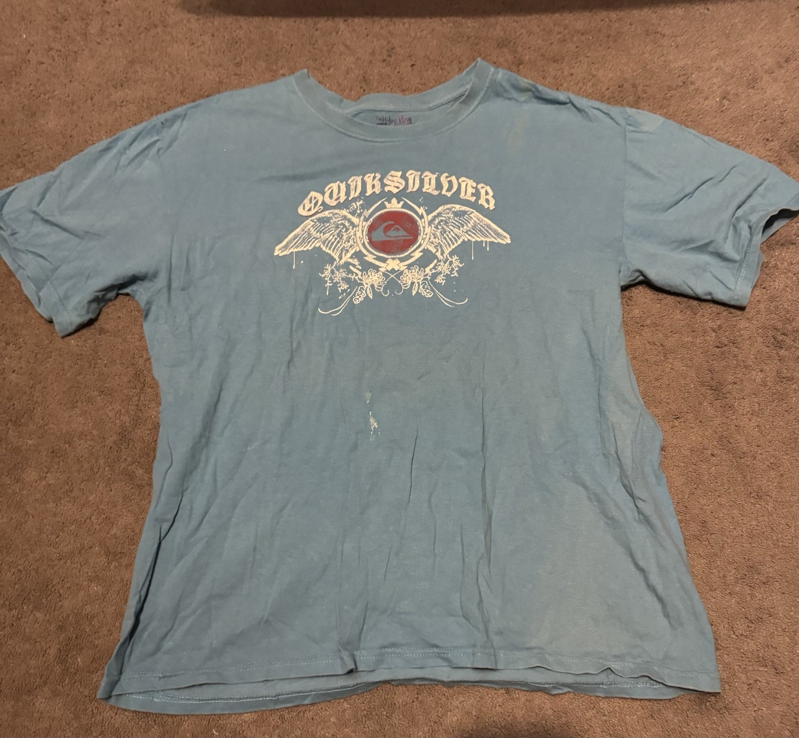 Y2K Quiksilver Graphic T Shirt Blue Mens XL Distressed Surf Skate Tee