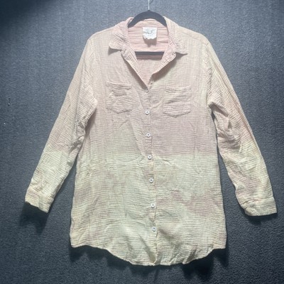 FANTASTIC FAWN Oversized Button Down Yellow Tie Dye Artsy Boho Chic Gauze Cotton