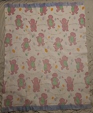 Vintage Barney The Dinosaur Baby Blanket 42"X56" Blue Satin Trim Lyrics 90  s Y2K