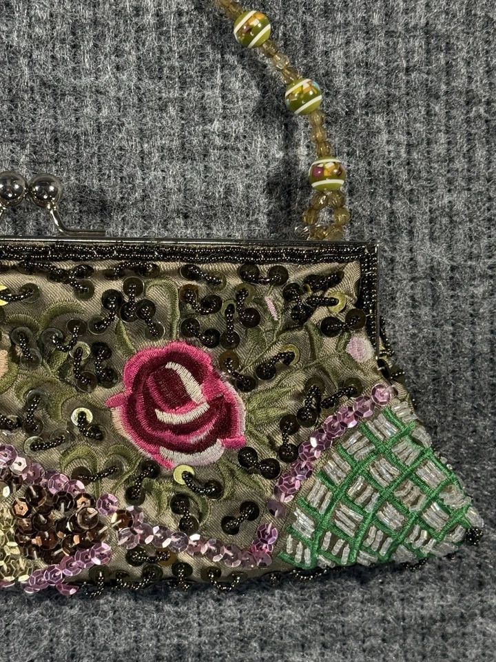 Aldo Beaded Floral Satin Evening Bag Green Embroidered Clutch Purse Bead Handle - Image 4 of 4