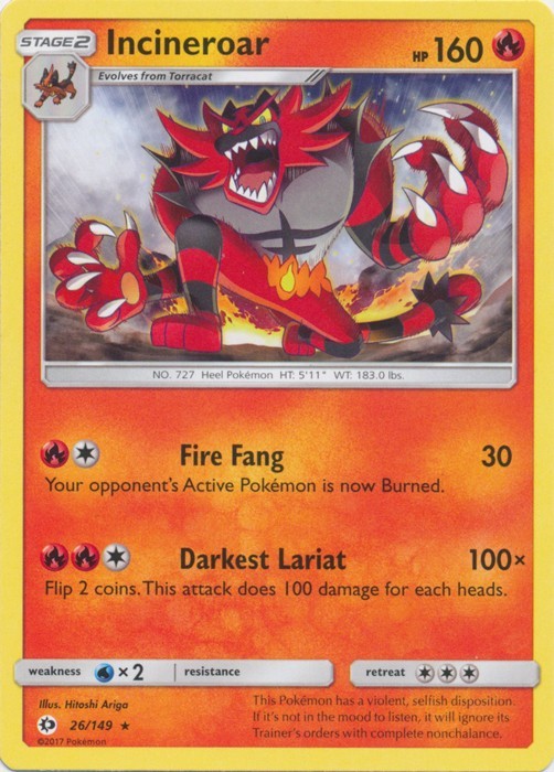 Pokémon TCG - Incineroar - 26/149 - Rare - Sun & Moon (Base Set) [Near Mint]