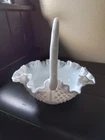 Fenton hobnail milk glass basket ruffled edge fancy handle
