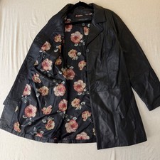 Centigrade Leather Coat women L Black Floral Lining Mid Length Jacket vintage