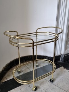 Serving Trolley Bar Cart Gold Brass Glass Vintage 1970s Rolling Tea Trolley