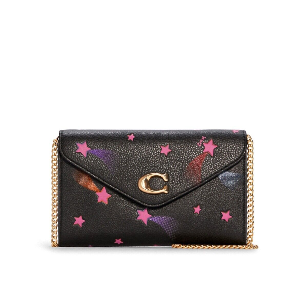 COACH Tammie Leather Clutch Crossbody With Disco Star Print Black Multi C7302