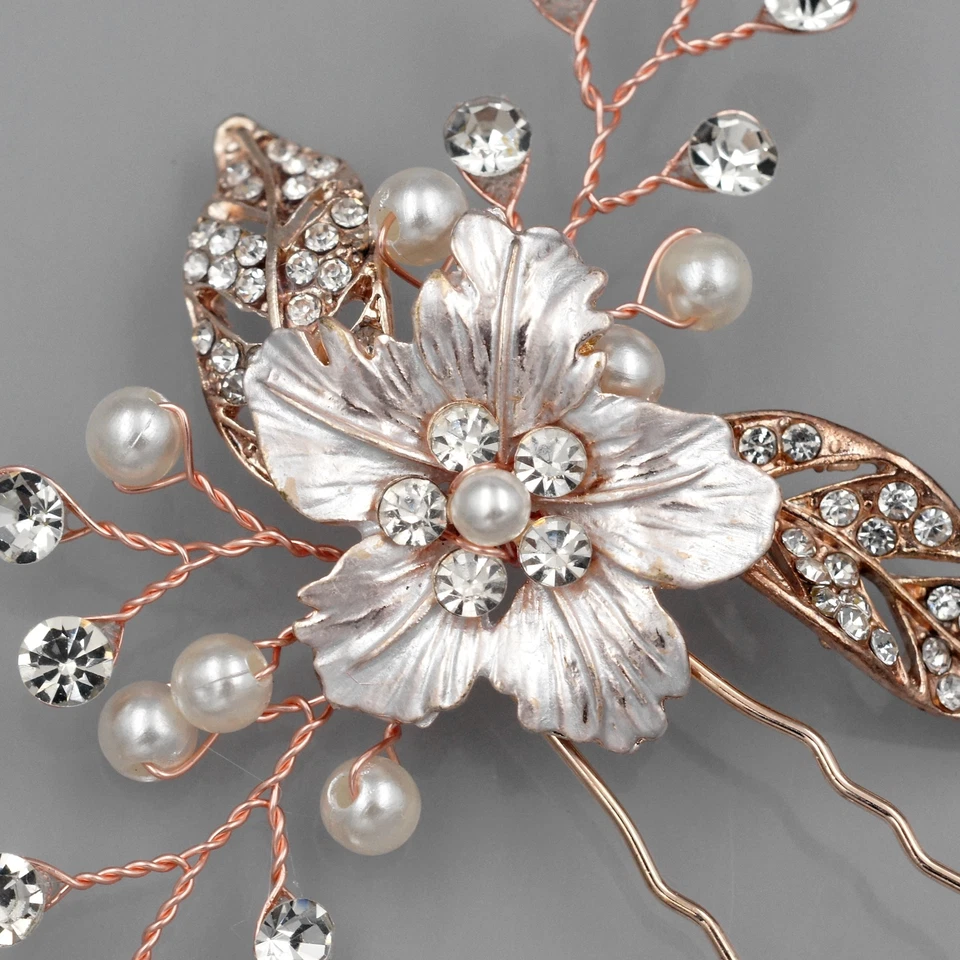 Pin de pelo floral para novia tocado de cristal accesorio de boda ORO ROSA 1 Foto 3 de 4