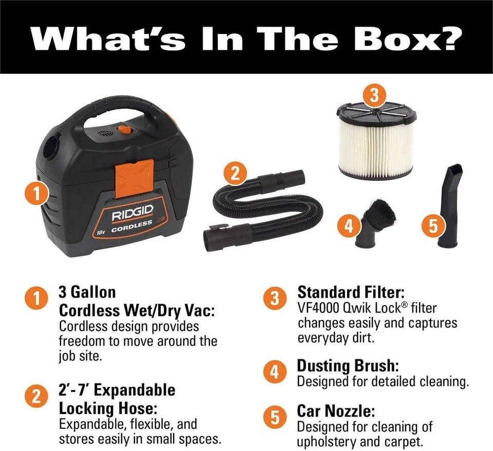 RIDGID Shop Vacuum 3 Gallon Cordless Wet Dry Vac Handheld 18V Portable Tool - Image 2 of 4