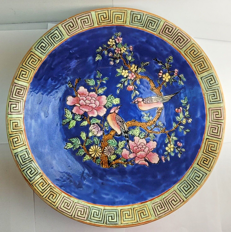 Qing Dynasty Chinese Blue Famille Rose Love Birds Porcelain 14" Charger Plate